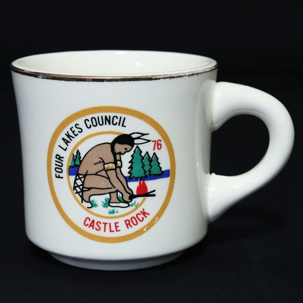 Boy Scouts VTG BSA Mug Cup Castle Rock 1976 Four Lakes Council Indian Brave RARE - Picture 1 of 6